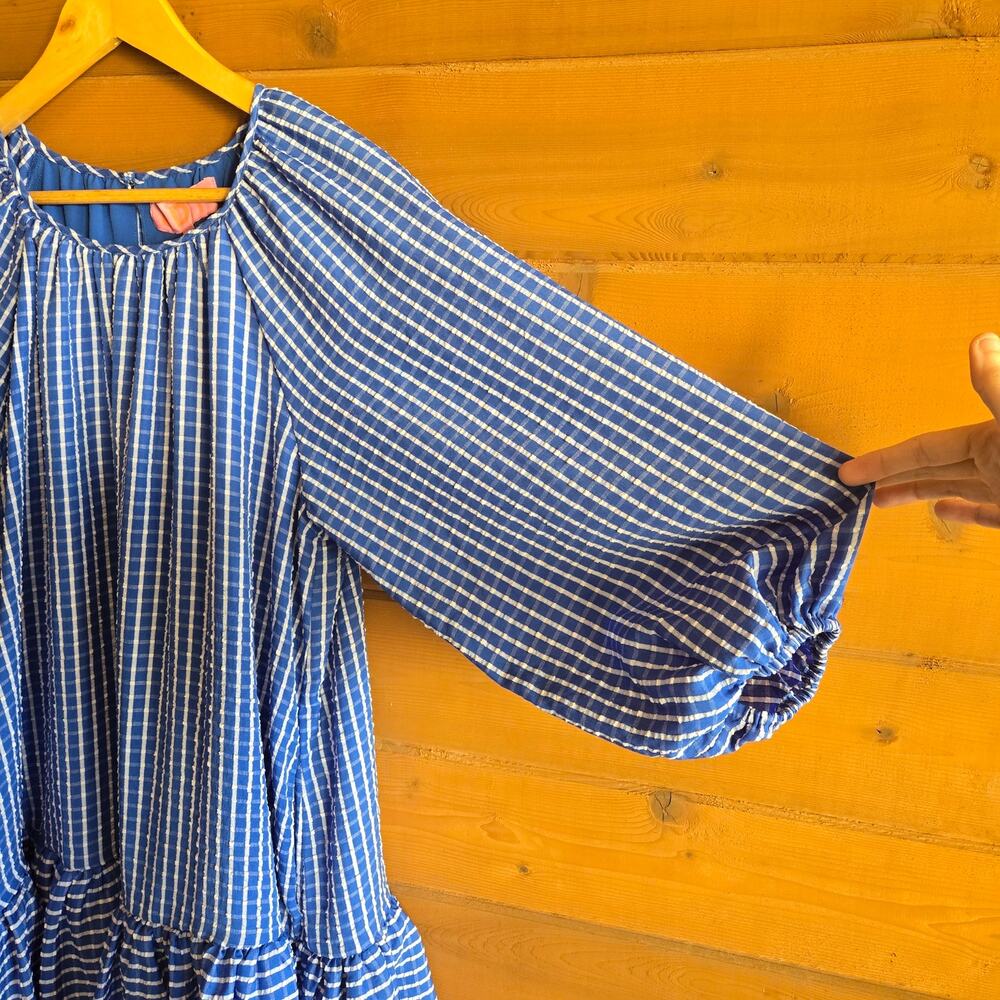 LDT Seersucker Gingham Mini Dress Preppy Puff Sleeve 4 Sorority Drop Waist Boho - Picture 3 of 6